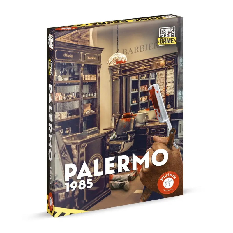 Spielschachtel mit Vintage-Barbershop, einer blutigen Hacke und dem Schriftzug Palermo 1985.