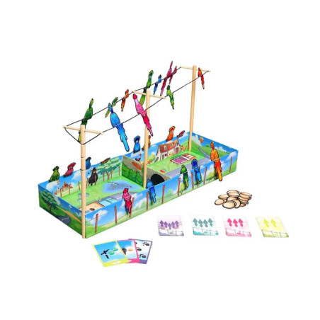 Ein buntes Brettspiel mit Vogelfiguren auf Drähten sowie Karten und Chips rund um ein Bauernhof-Spielfeld.