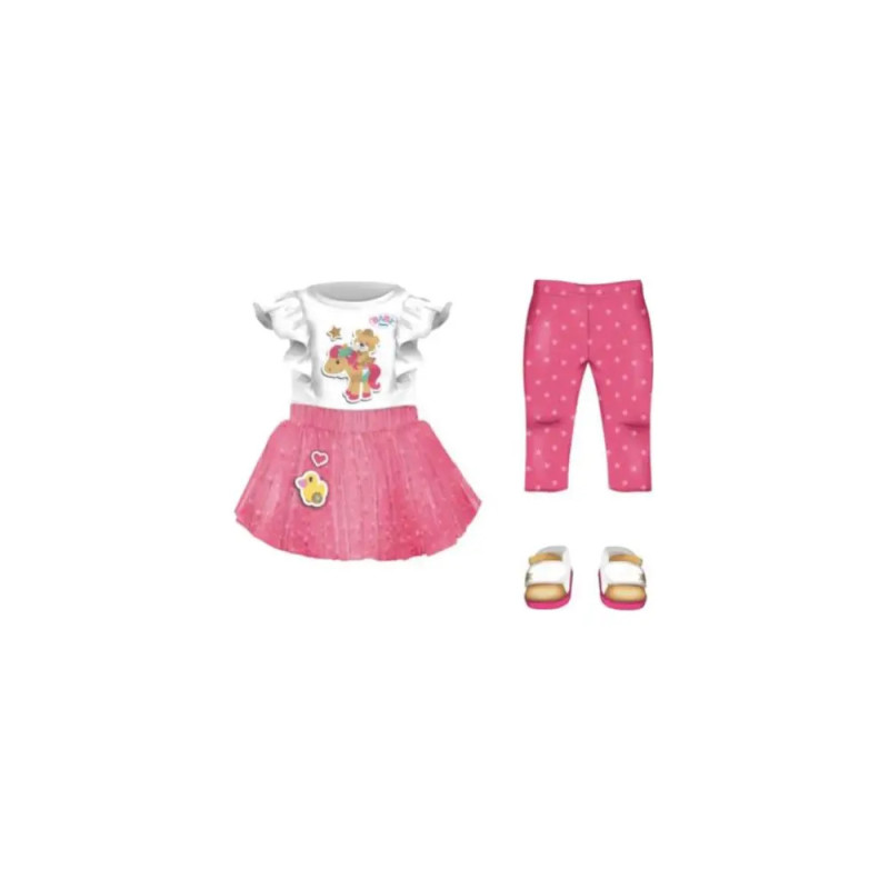 Kinderoutfit mit Einhorn-Shirt, rosa Rock, gepunkteter Hose und weißen Sandalen mit rosa Absetzung. Kinderoutfit mit Einhorn-Shirt, rosa Rock, gepunkteter Hose und weißen Sandalen mit rosa Absetzung.