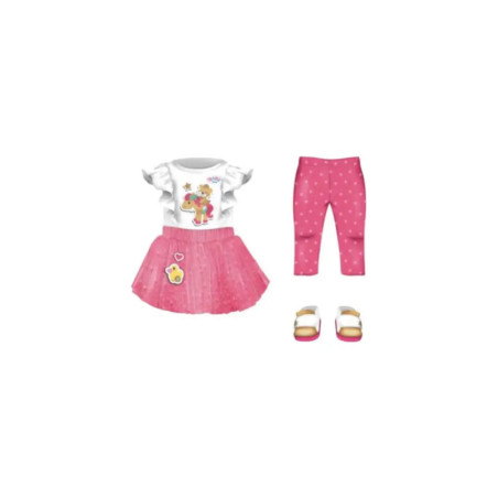 Kinderoutfit mit Einhorn-Shirt, rosa Rock, gepunkteter Hose und weißen Sandalen mit rosa Absetzung.