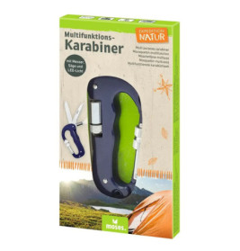 Grün-schwarber Multifunktionskarabiner mit Messer, Säge und LED-Licht in Expedition Natur Verpackung.