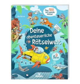 Buntes deutsches Rätselbuch mit Cartoon-Tieren, U-Boot und Kindern in Unterwasser- und Urzeit-Szenen.