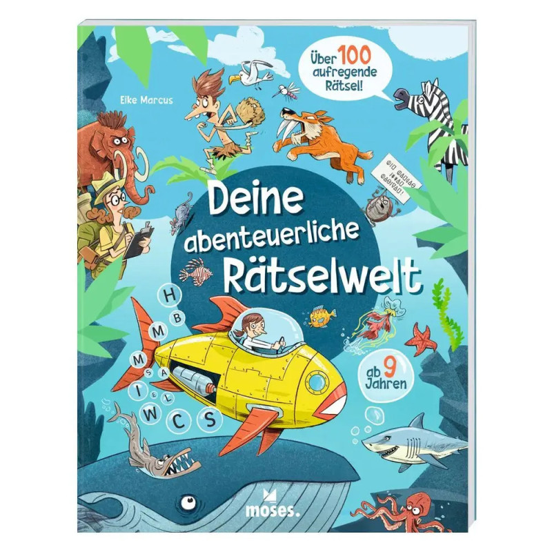 Buntes deutsches Rätselbuch mit Cartoon-Tieren, U-Boot und Kindern in Unterwasser- und Urzeit-Szenen.