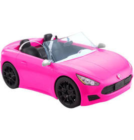 Knallpinker Spielzeug-Cabrio mit schwarzen Sitzen, Lenkrad und Rädern ähnelt einem Sportwagen.