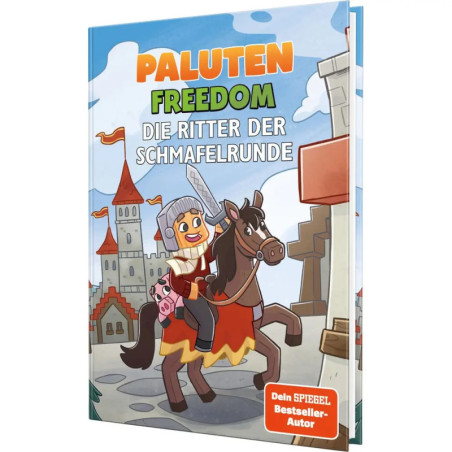 Cartoon-Ritter reitet auf Pferd, hält ein Schwein, im Hintergrund eine Burg. Buchtitel: Paluten Freedom.