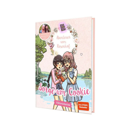 Cover von Sorge um Cookie: Zwei Mädchen mit einem Kaninchen am See, niedlich illustriert.