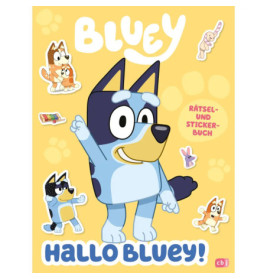 Bluey winkt auf gelbem Cover mit Stickern. Text: Hallo Bluey! Rätsel- und Stickerbuch.
