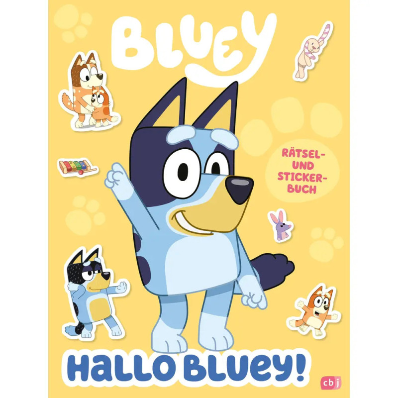 Bluey winkt auf gelbem Cover mit Stickern. Text: Hallo Bluey! Rätsel- und Stickerbuch.
