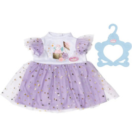 Lila-weißes Puppenkleid mit Sternmuster, Rüschenärmeln und einem blauen Zierbügel.