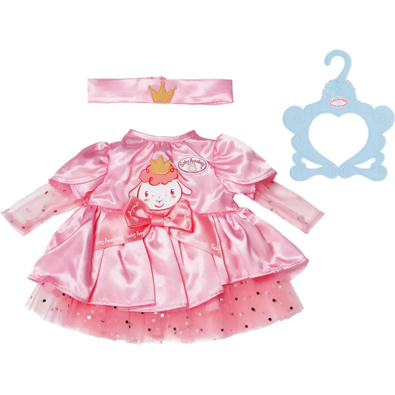 Rosa Prinzessinnen-Puppenkleid mit Krone, blauem Bügel und süßem Tiergesicht auf dem Kleid. Rosa Prinzessinnen-Puppenkleid mit Krone, blauem Bügel und süßem Tiergesicht auf dem Kleid.
