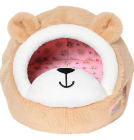 Plüschiges, bärenförmiges Hundebett mit rosa Innenfläche und Teddybärmuster, vorne offen.