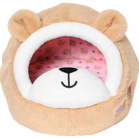 Plüschiges, bärenförmiges Hundebett mit rosa Innenfläche und Teddybärmuster, vorne offen. Plüschiges, bärenförmiges Hundebett mit rosa Innenfläche und Teddybärmuster, vorne offen.