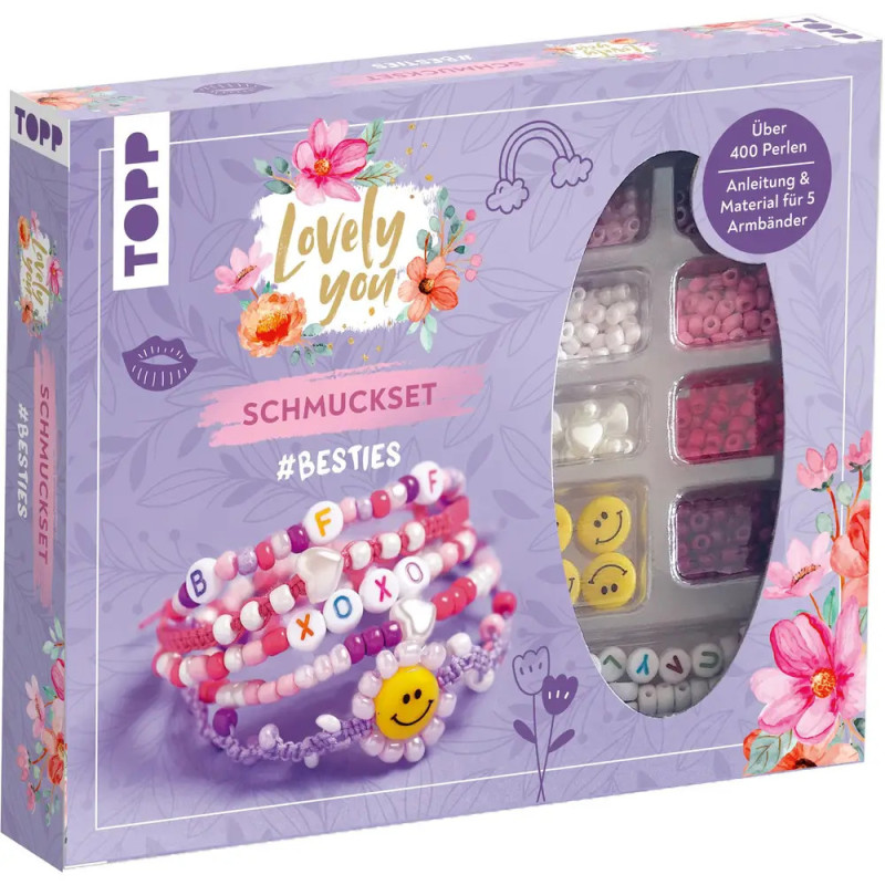 Lila Lovely You-Armband-Bastelset mit Perlen, Buchstaben und Smiley durch Sichtfenster sichtbar.