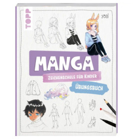 Cover eines deutschen Manga-Zeichenbuchs für Kinder mit Skizzen, farbigen Mangafiguren und Bleistiften.