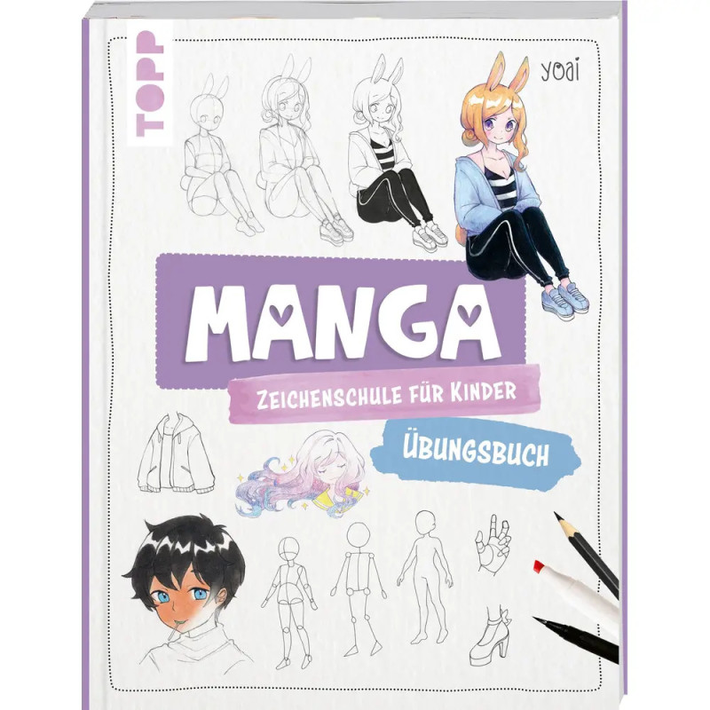 Cover eines deutschen Manga-Zeichenbuchs für Kinder mit Skizzen, farbigen Mangafiguren und Bleistiften.