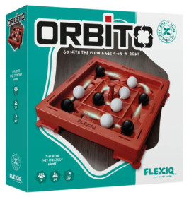 Orbito-Spielschachtel mit rotem Spielbrett und schwarzen sowie weißen Kugeln, für zwei Spieler ab 7 Jahren.