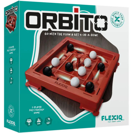 Orbito-Spielschachtel mit rotem Spielbrett und schwarzen sowie weißen Kugeln, für zwei Spieler ab 7 Jahren.
