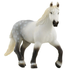 Graue und weiße Pferdefigur mit wehender Mähne und erhobenem Vorderbein.