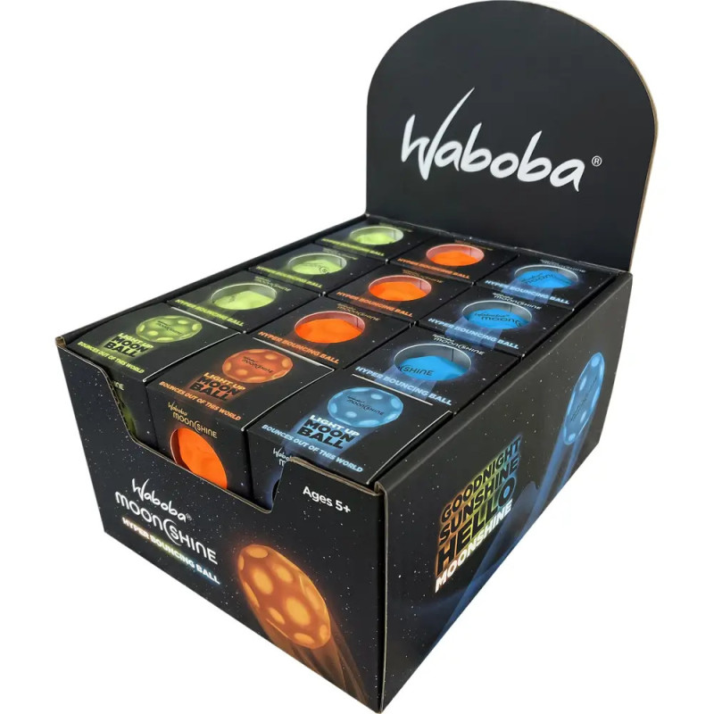 Waboba Moonshine Bälle in bunten Farben in einer Box mit Weltraum-Design, geeignet für Kinder ab 5 Jahren.
