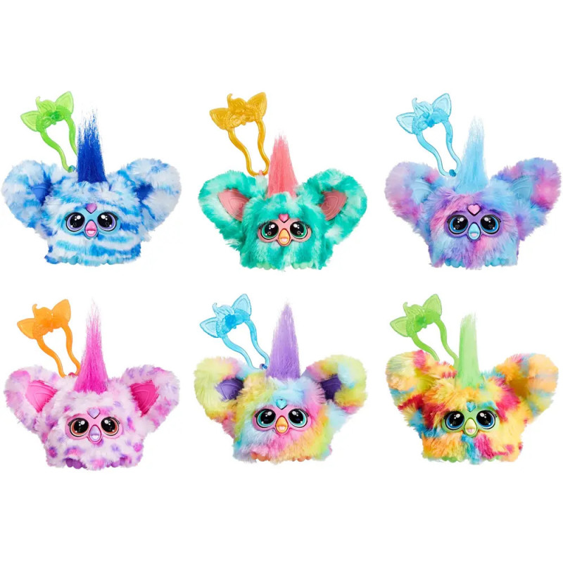 Sechs bunte Plüschfiguren mit großen Ohren, großen Augen und Haarbüscheln sind in zwei Reihen angeordnet. Sechs bunte Plüschfiguren mit großen Ohren, großen Augen und Haarbüscheln sind in zwei Reihen angeordnet.