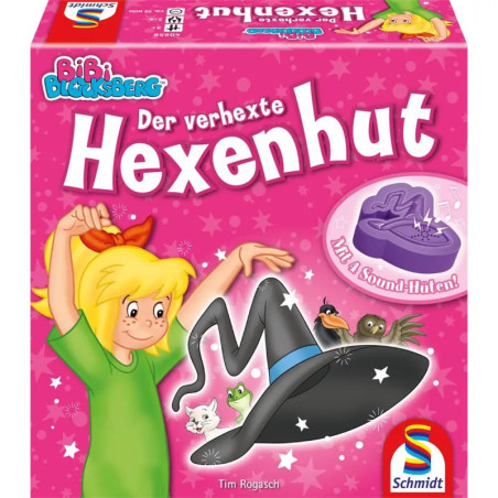 Ein lächelndes Mädchen winkt einem fliegenden Zauberhut mit Tieren auf einer pinken Hexenhut-Spieleschachtel.
