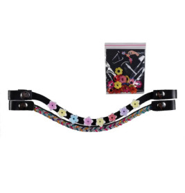 Schwarzes Lederband mit bunten Blumenanhängern und einem Beutel mit zusätzlichen Blumenteilen darüber.