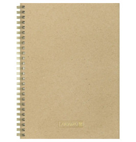 Schlichter brauner Spiralblock mit Kraftpapier-Umschlag und kleinem geprägtem Logo unten mittig.