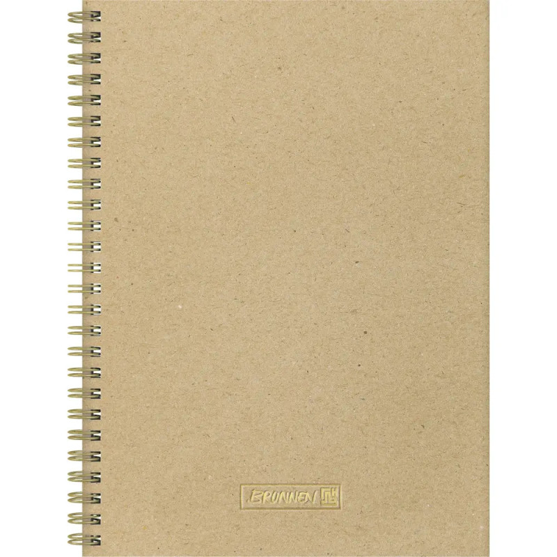 Schlichter brauner Spiralblock mit Kraftpapier-Umschlag und kleinem geprägtem Logo unten mittig.