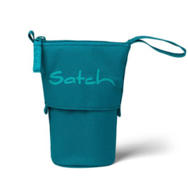 Türkises Stofftäschchen mit Reißverschluss, Henkel und Satch-Logo auf der Vorderseite.
