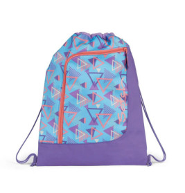 Lila Turnbeutel mit pink-blauem Dreieckmuster und Front-Reißverschlusstasche.