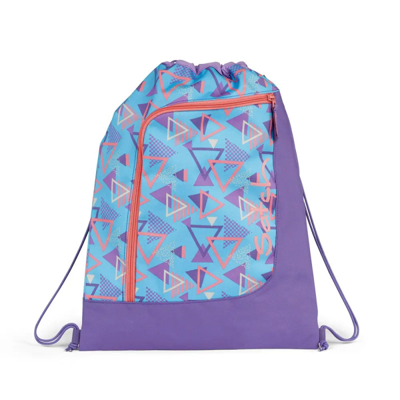 Lila Turnbeutel mit pink-blauem Dreieckmuster und Front-Reißverschlusstasche. Lila Turnbeutel mit pink-blauem Dreieckmuster und Front-Reißverschlusstasche.