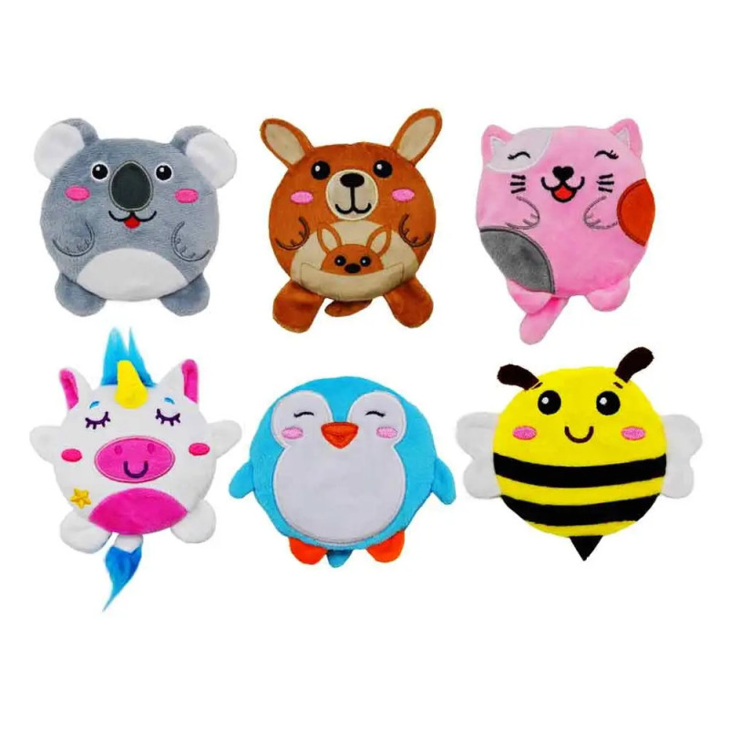 Sechs runde Plüschtiere - Koala, Känguru, Katze, Einhorn, Pinguin und Biene - auf weißem Hintergrund.