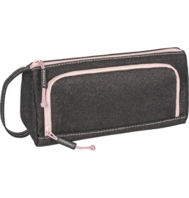 Schwarzes, rechteckiges Etui mit rosa umrandeter Reißverschlusstasche und seitlichem Griff.