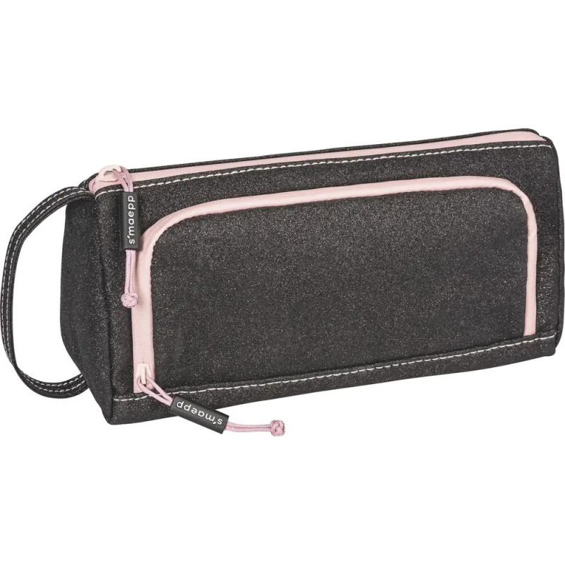 Schwarzes, rechteckiges Etui mit rosa umrandeter Reißverschlusstasche und seitlichem Griff.