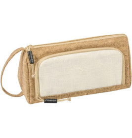 Rechteckiges Etui aus Kork und Stoff mit Reißverschluss, Seitenhenkel und cremefarbener Fronttasche.