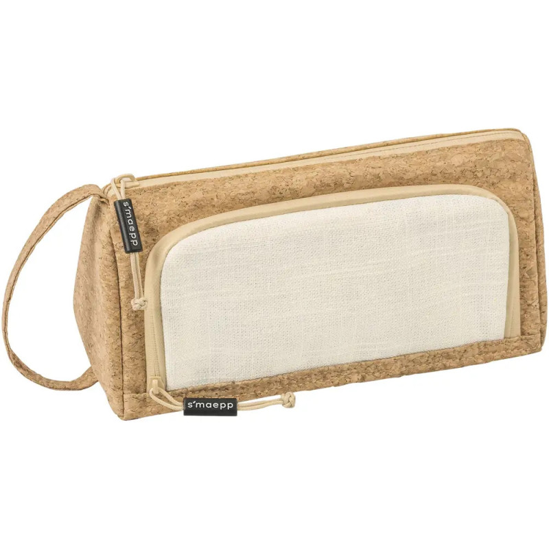 Rechteckiges Etui aus Kork und Stoff mit Reißverschluss, Seitenhenkel und cremefarbener Fronttasche.