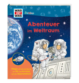 Kinder in Raumanzügen schweben vor einer Raumstation Erde und Sterne im Hintergrund. Deutscher Text auf dem Cover.