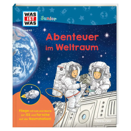 Kinder in Raumanzügen schweben vor einer Raumstation Erde und Sterne im Hintergrund. Deutscher Text auf dem Cover. Kinder in Raumanzügen schweben vor einer Raumstation Erde und Sterne im Hintergrund. Deutscher Text auf dem Cover.