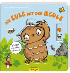 Eine Eule mit Beule sitzt zwischen Insekten und Gras auf einem bunten Buchcover.