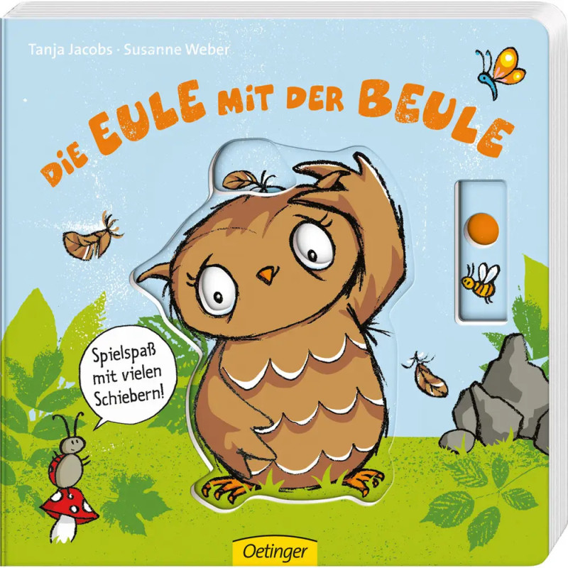 Eine Eule mit Beule sitzt zwischen Insekten und Gras auf einem bunten Buchcover.