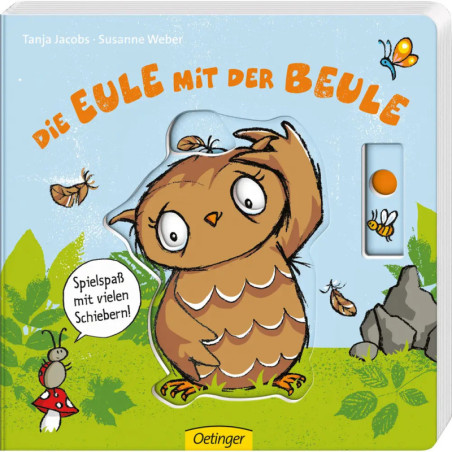 Eine Eule mit Beule sitzt zwischen Insekten und Gras auf einem bunten Buchcover.