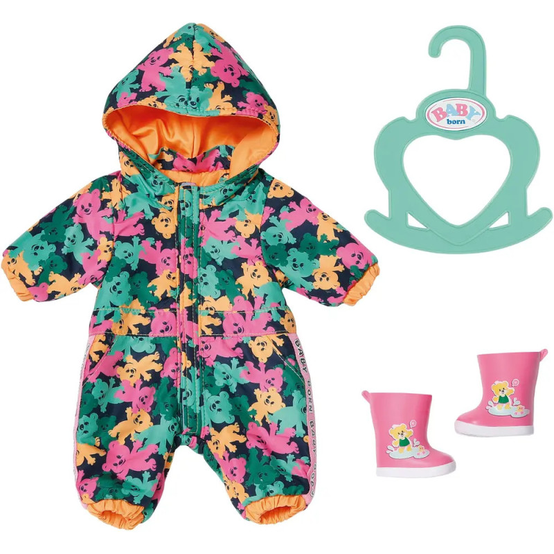 Bunter geblümter Baby-Schneeanzug mit Kapuze, pinke Stiefel und grüner Bügel mit BABY born Logo. Bunter geblümter Baby-Schneeanzug mit Kapuze, pinke Stiefel und grüner Bügel mit BABY born Logo.