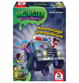 Bunte Brettspielschachtel mit Comic-Kindern und Monstern im Jeep, Titel: Monster Loving Maniacs.
