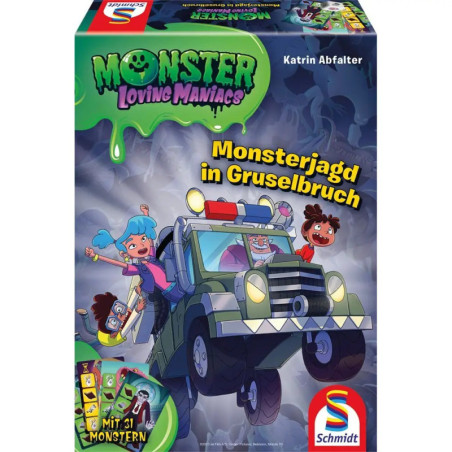 Bunte Brettspielschachtel mit Comic-Kindern und Monstern im Jeep, Titel: Monster Loving Maniacs.