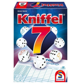 Kniffel 7 Spielbox mit Würfeln, Wertungsblatt und großer rot-gelber Sieben auf dem Cover.