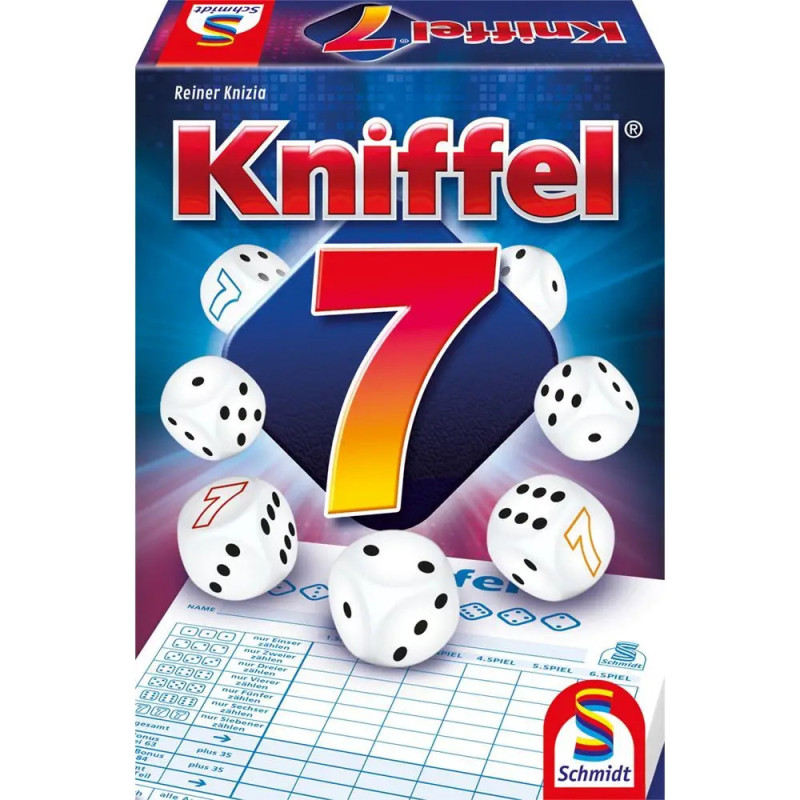 Kniffel 7 Spielbox mit Würfeln, Wertungsblatt und großer rot-gelber Sieben auf dem Cover.