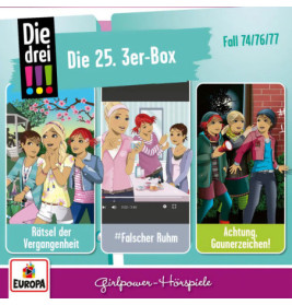 Cartoon-Mädchen lösen gemeinsam Rätsel in drei bunten Szenen aus der Hörspielreihe Die drei !!!.