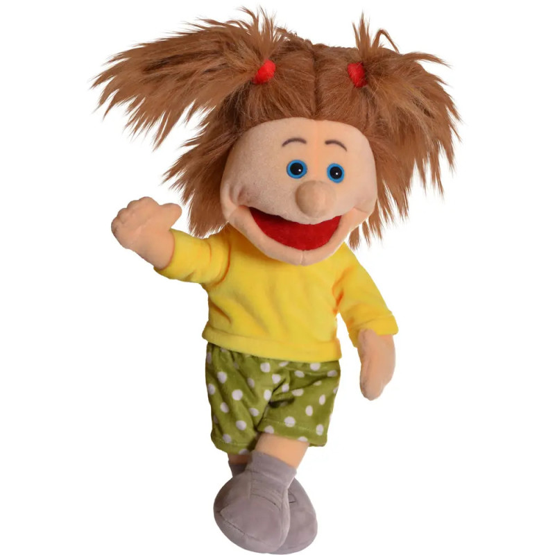 Handpuppe mit braunen Haaren, gelbem Shirt, grüner gepunkteter Hose und grauen Schuhen, lächelt.