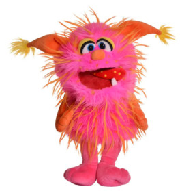 Rosa-oranges, zotteliges Puppenmonster mit großen Augen, spitzen Ohren und offenem Mund mit sichtbaren Zähnen.