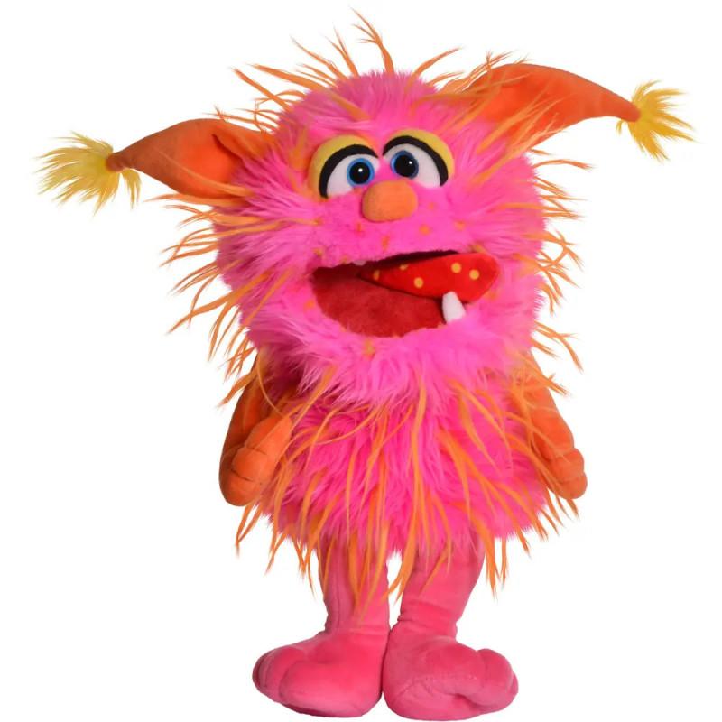 Rosa-oranges, zotteliges Puppenmonster mit großen Augen, spitzen Ohren und offenem Mund mit sichtbaren Zähnen.